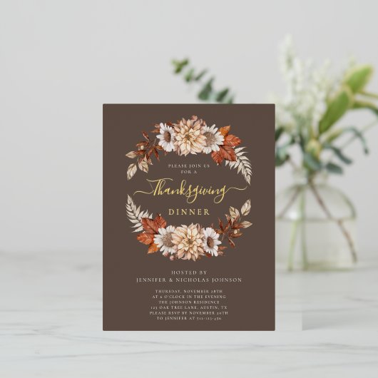 Elegante herfst bladeren Thanksgiving diner goud Folie Uitnodiging Briefkaart (Staand Voorkant)