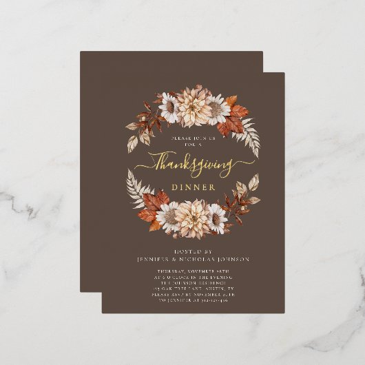 Elegante herfst bladeren Thanksgiving diner goud Folie Uitnodiging Briefkaart (Voorkant / Achterkant)