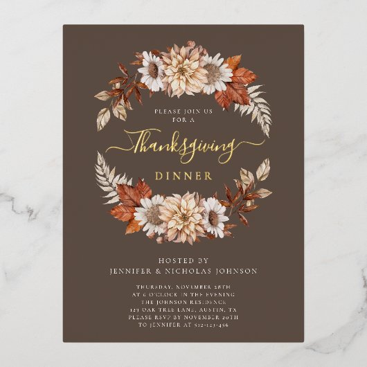 Elegante herfst bladeren Thanksgiving diner goud Folie Uitnodiging Briefkaart (Voorkant)