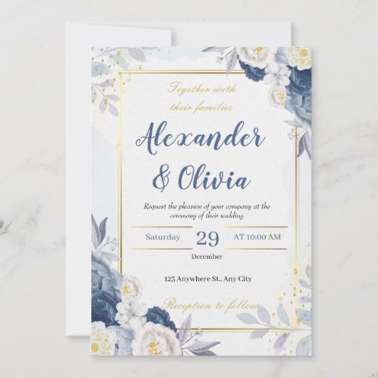 Elegante herfst blauw en bloemenbruiloft kaart (Voorkant)