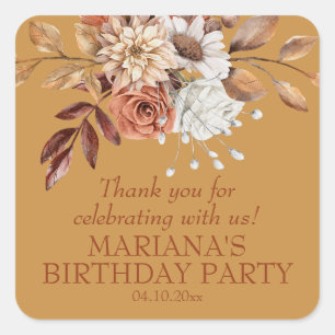 Elegante herfst bloem gouden feestfavor vierkante sticker