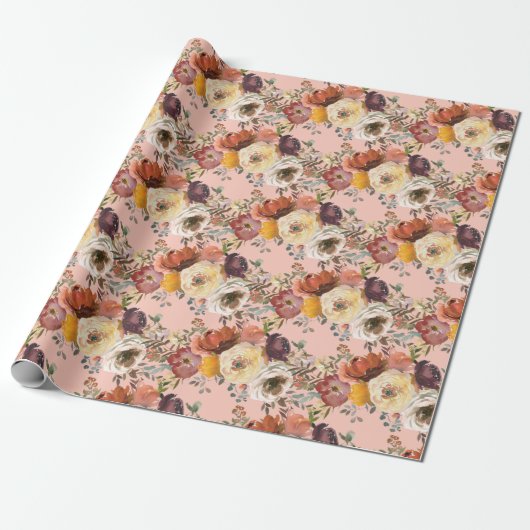 Elegante herfst bloem rust crème burgundy cadeaupapier (Uitgerold)