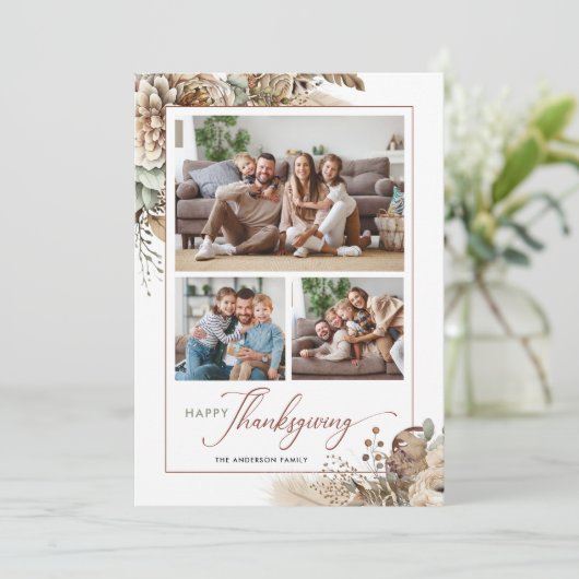 Elegante Herfst Bloemen 3 Foto Thanksgiving Feestdagenkaart (Staand voorkant)