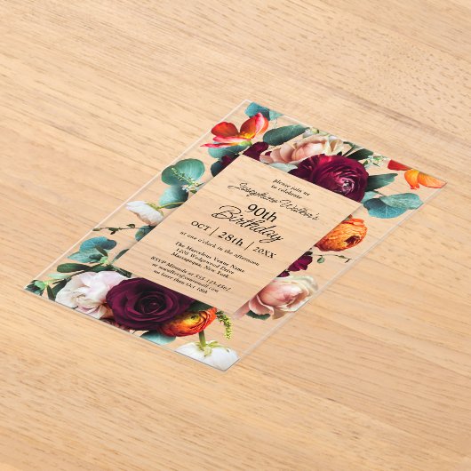 Elegante Herfst Bloemen 90ste verjaardagsfeest Acryl Uitnodigingen (Laagn)