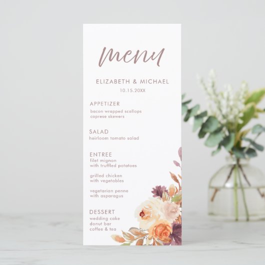Elegante Herfst Bloemen Bruiloft Menu Kaart (Staand voorkant)