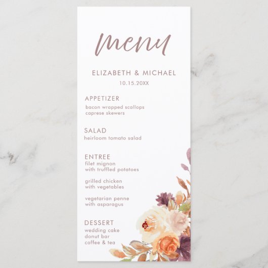 Elegante Herfst Bloemen Bruiloft Menu Kaart (Voorkant)
