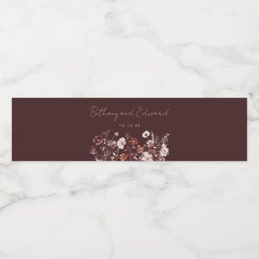 Elegante Herfst Bloemen Bruin bruiloft Waterfles Etiket (Enkel label)