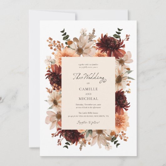 Elegante Herfst Bloemen Foto Huwelijksuitnodiging Kaart (Voorkant)