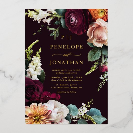 Elegante herfst Bloemen Goud Monogram Huwelijk Folie Uitnodiging (Voorkant)