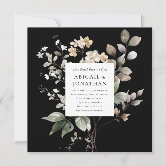 Elegante Herfst Bloemen op Zwart Christelijk Bruil Kaart (Voorkant)