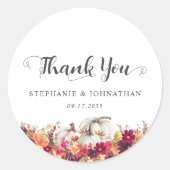 Elegante Herfst Bloemen Pompoen bruiloft Dank u Ronde Sticker (Voorkant)