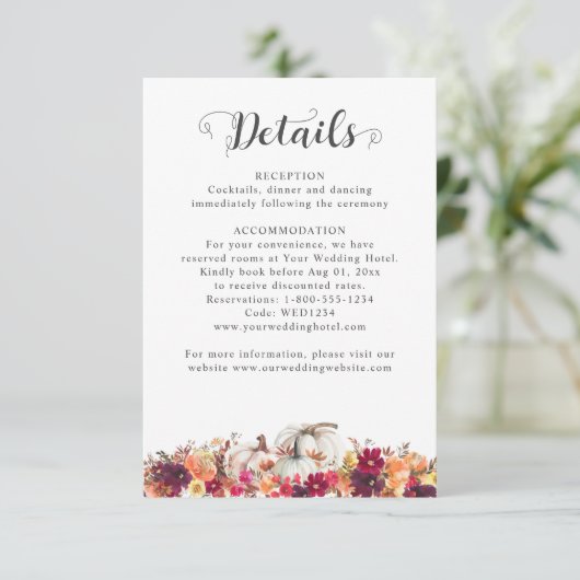 Elegante Herfst Bloemen Pompoen bruiloft Details Informatiekaartje (Staand voorkant)