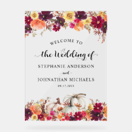 Elegante Herfst Bloemen Pompoen bruiloft Welkom Acryl Bord