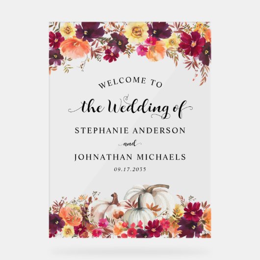 Elegante Herfst Bloemen Pompoen bruiloft Welkom Acryl Bord (Voorkant)