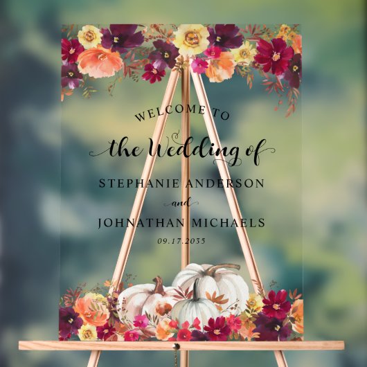 Elegante Herfst Bloemen Pompoen bruiloft Welkom Acryl Bord (Neutraal)