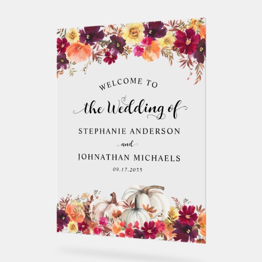 Elegante Herfst Bloemen Pompoen bruiloft Welkom Acryl Bord (Hoek)
