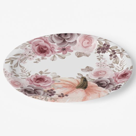 Elegante Herfst Bloemen Pompoen Neutrals Waterverf Papieren Bordje (Gekanteld)