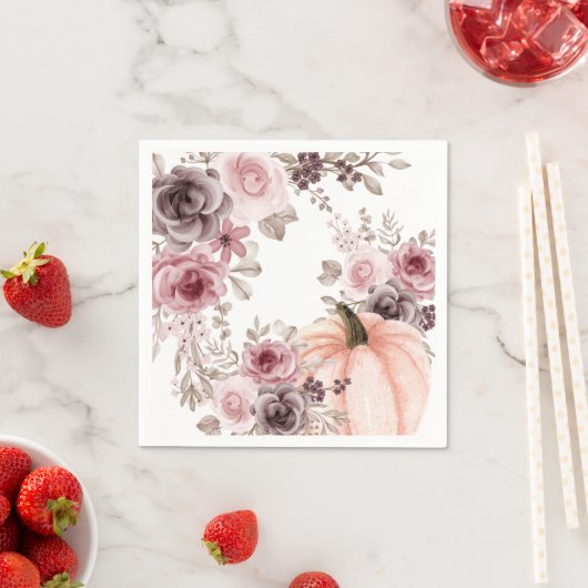 Elegante Herfst Bloemen Pompoen Neutrals Waterverf Servet (Insitu)