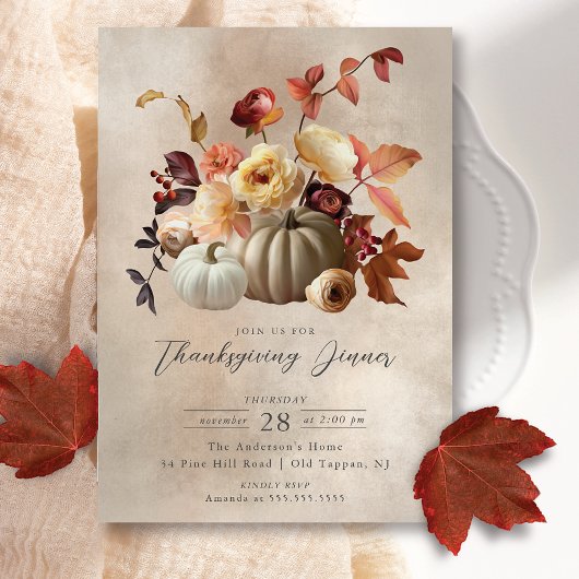 Elegante Herfst Bloemen & Pompoenen Thanksgiving Kaart
