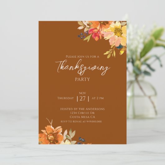 Elegante Herfst Bloemen Thanksgiving Partij Kaart (Staand voorkant)