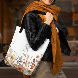 Elegante Herfst Bloemen Waterverf Monogram Wit Tote Bag