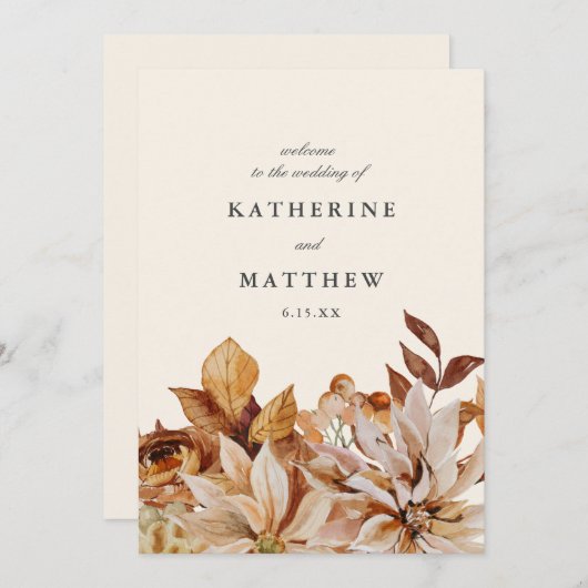 Elegante herfst bloemenaarde tonen bruiloft progra programmakaart (Voorkant / Achterkant)