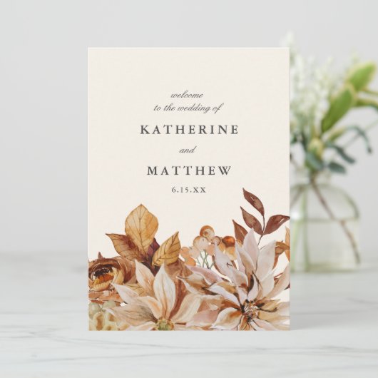 Elegante herfst bloemenaarde tonen bruiloft progra programmakaart (Staand voorkant)