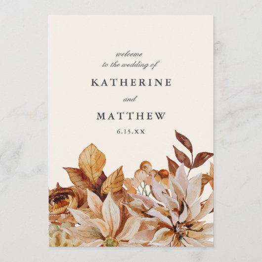 Elegante herfst bloemenaarde tonen bruiloft progra programmakaart (Voorkant)