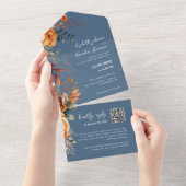 Elegante herfst bloemenblauw QR Code bruiloft All In One Uitnodiging (Afscheurbaar)