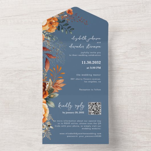 Elegante herfst bloemenblauw QR Code bruiloft All In One Uitnodiging (Binnen)