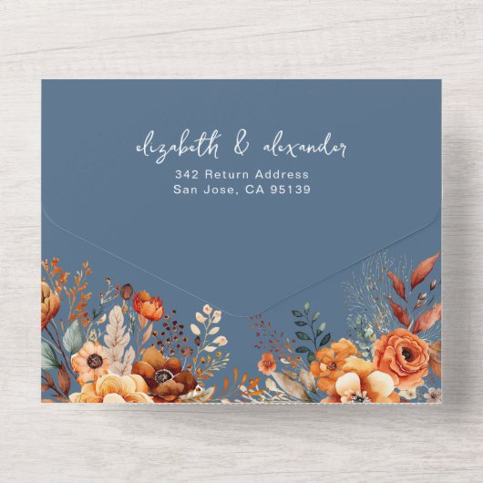 Elegante herfst bloemenblauw QR Code bruiloft All In One Uitnodiging (Achterkant)