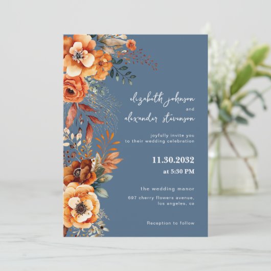 Elegante herfst bloemenbruiloft 1 foto blauw kaart (Staand voorkant)