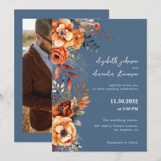 Elegante herfst bloemenbruiloft 1 foto blauw kaart (Voorkant / Achterkant)