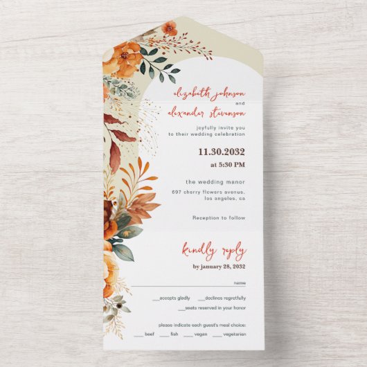 Elegante herfst bloemenbruiloft all in one uitnodiging (Binnen)