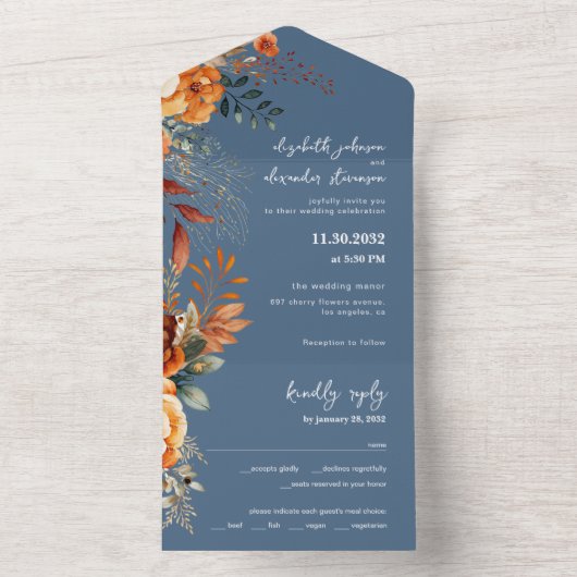 Elegante herfst bloemenbruiloft delicate blauw all in one uitnodiging (Binnen)