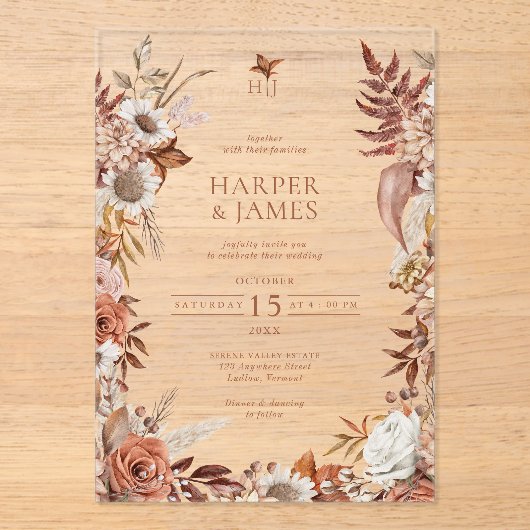 Elegante herfst bloemenbruiloft Lijst Acryl Uitnodigingen (Voorkant)