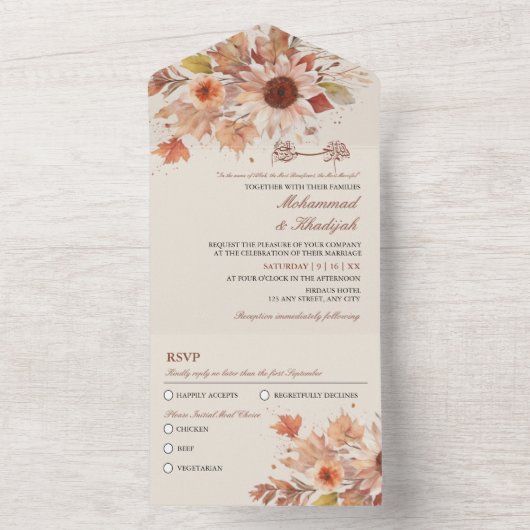 Elegante herfst bloemenbruiloft Moslim Waterverf All In One Uitnodiging (Binnen)