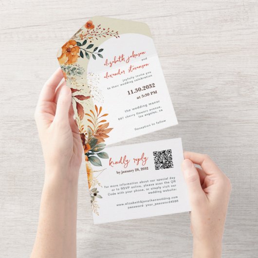 Elegante herfst bloemenbruiloft QR-code All In One Uitnodiging (Afscheurbaar)