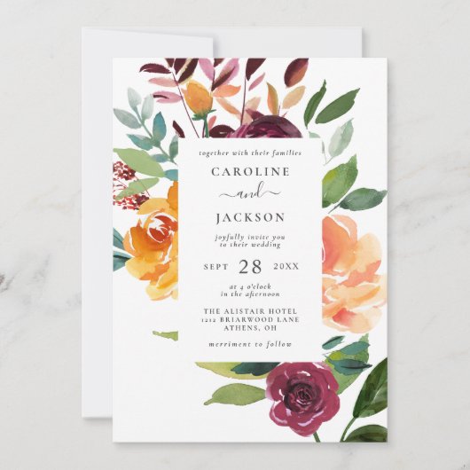 Elegante herfst bloemenbruiloft uitnodiging (Voorkant)