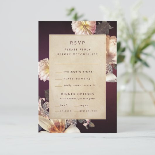 Elegante herfst bloemencrème roest pruim RSVP kaartje (Staand voorkant)