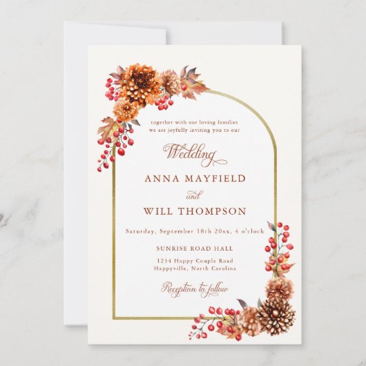 Elegante herfst bloemengoud boho Lijst bruiloft Kaart (Voorkant)