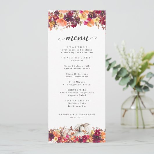 Elegante herfst bloemenkleur pompoen bruiloft menu (Staand voorkant)