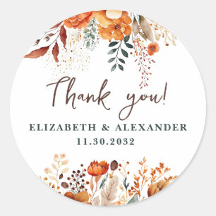 Elegante herfst bloemennamen en trouwdatum ronde sticker