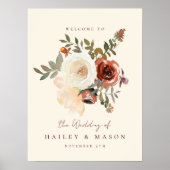 Elegante Herfst Bloemenrood Bruiloft Welkomstbord Poster (Voorkant)