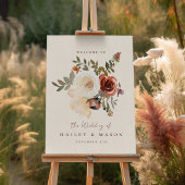 Elegante Herfst Bloemenrood Bruiloft Welkomstbord Poster