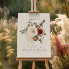 Elegante Herfst Bloemenrood Bruiloft Welkomstbord Poster