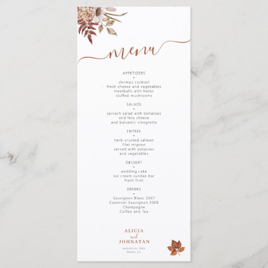 Elegante herfst bloementerracotta bruiloft menu (Voorkant)