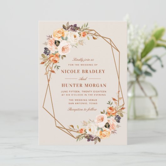 Elegante herfst bloementerracotta geometrische bru kaart (Staand voorkant)