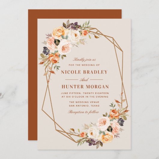 Elegante herfst bloementerracotta geometrische bru kaart (Voorkant / Achterkant)