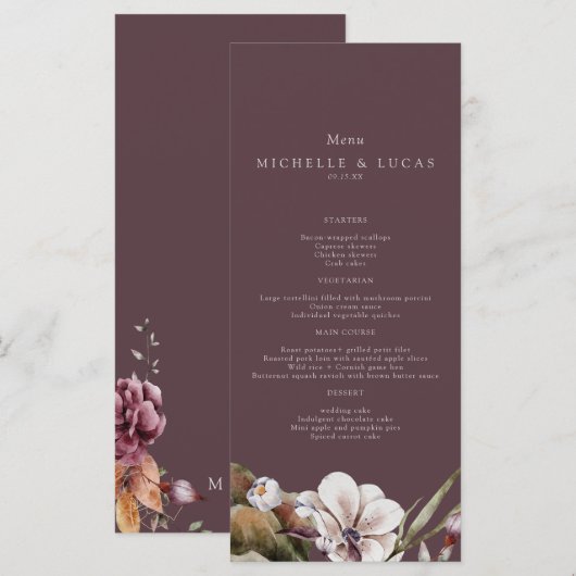 Elegante herfst bloemige bruiloft menu (Voorkant / Achterkant)